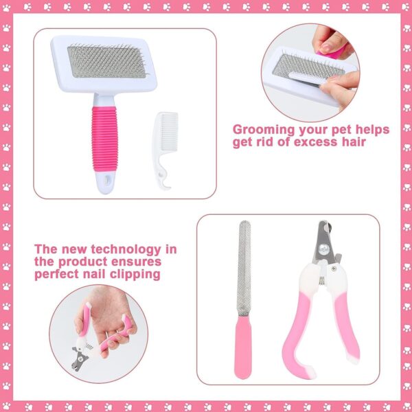 8 Pcs Small Animal Pink Grooming Kit, Rabbit Grooming Kit with Pet Nail Clipper and File, Flea Comb, Pet Shampoo Bath Brush, Pet Shedding Slicker Brush, Bath Massage Glove, Cleaning Comb - Image 5