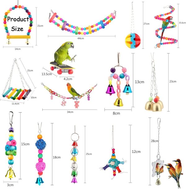 BIPY 14 PCS Bird Parrot Toys Cage Hanging Bell Ball Hammock Swing Ladder Toy Pet Bird Mirror Scooter Chewing Perches Wooden Toys for Parrots Parakeets Birds Finches Random Color - Image 4