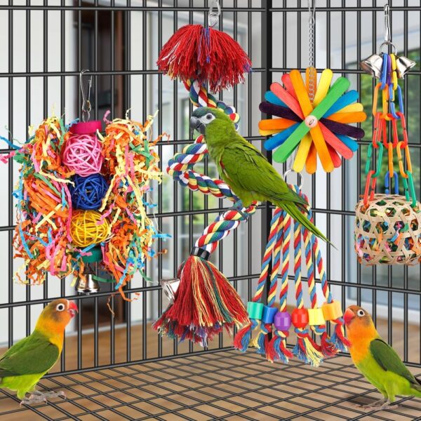 Bird Toys Bird Rope Perch with Bell Colorful Bird Chewing Shredding Foraging Toys Parakeet Toy Parrot Swing Climbing Standing Hanging Toys Bird Cage Accessories for Conure Cockatiel Budgies Lovebird - Image 5
