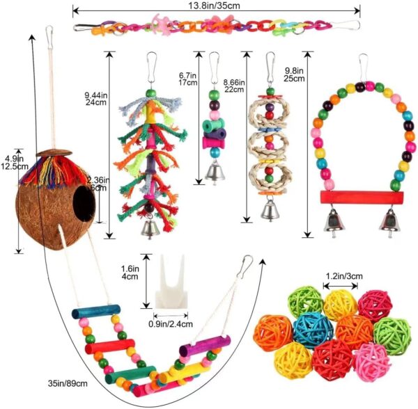 Parakeet Toys Bird Parrot Toys Colorful Swing Chewing Hanging Toys with Bells Climbing Ladder Coconut Bird Cage Toys for Small Cockatiels,Conures,Finches,Budgie,Macaws,Love Birds - Image 3