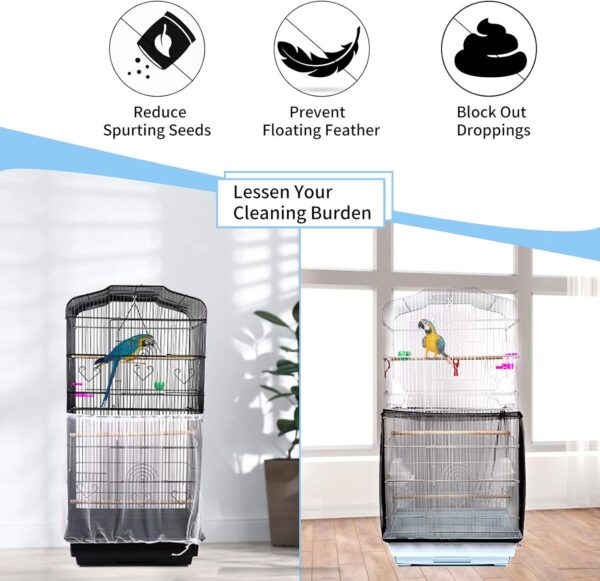 Mngren 2Pcs Bird Cage Cover, Adjustable Soft Airy Nylon Mesh Parrot Net, Universal Feather Seed Catcher, Birdcage Cover Skirt Sheer Guard for Round Square Bird Cages (White +Black) - Image 2