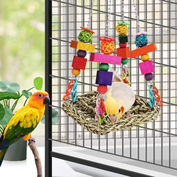 Bird Toys Parakeet Toys Conure Toys Bird Foraging Wall Toy,Seagrass Woven Hammock Swing Mat for Climb Perch Swing with Colorful Wooden Chewing Toys for Lovebirds,Parakeets,Conure,Cockatiel (Middle) - Image 3