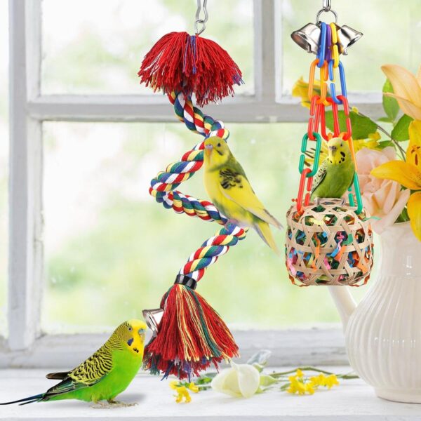 Bird Toys Bird Rope Perch with Bell Colorful Bird Chewing Shredding Foraging Toys Parakeet Toy Parrot Swing Climbing Standing Hanging Toys Bird Cage Accessories for Conure Cockatiel Budgies Lovebird - Image 2