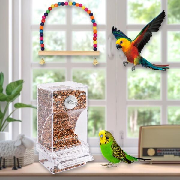 Automatic Bird Feeder, No Mess Bird Feeder, Transparent Acrylic Bird Cage Accessory, Double Compartment Hanging Seed Food Container for Budgerigar Cockatiel Finch Parakeets Canary Lovebirds - Image 5