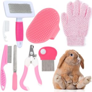 8 Pcs Small Animal Pink Grooming Kit, Rabbit Grooming Kit with Pet Nail Clipper and File, Flea Comb, Pet Shampoo Bath Brush, Pet Shedding Slicker Brush, Bath Massage Glove, Cleaning Comb