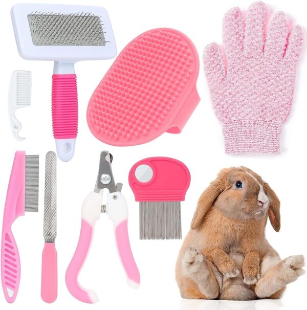8 Pcs Small Animal Pink Grooming Kit, Rabbit Grooming Kit with Pet Nail Clipper and File, Flea Comb, Pet Shampoo Bath Brush, Pet Shedding Slicker Brush, Bath Massage Glove, Cleaning Comb