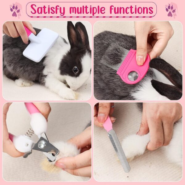 8 Pcs Small Animal Pink Grooming Kit, Rabbit Grooming Kit with Pet Nail Clipper and File, Flea Comb, Pet Shampoo Bath Brush, Pet Shedding Slicker Brush, Bath Massage Glove, Cleaning Comb - Image 3