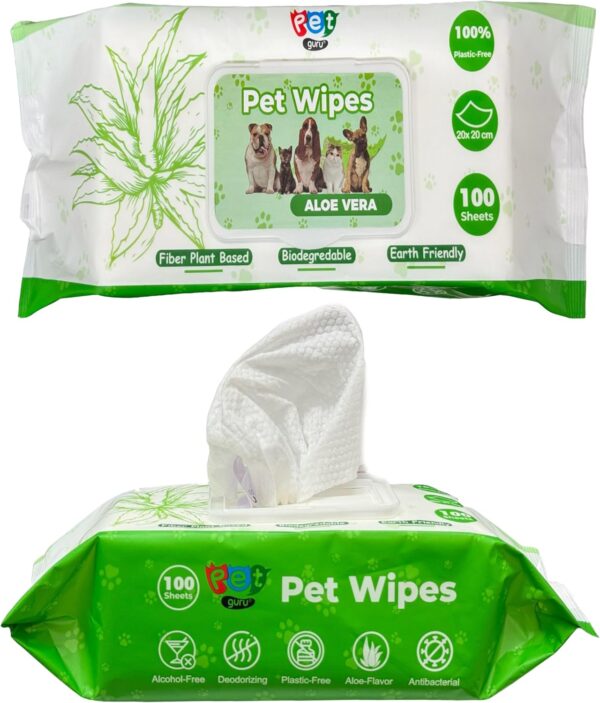 Pet Guru® Dogs & Cats 100% Plastic Free Biodegradable Multi-Purpose Cleaning Pet Wipes Fiber Plant Based Alcohal Free Pet Wipes (100 Wipes, Unscented) - Image 3
