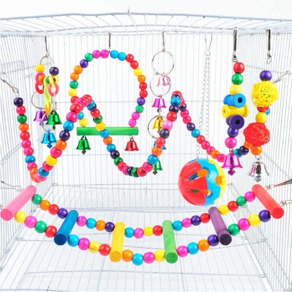 BIPY 14 PCS Bird Parrot Toys Cage Hanging Bell Ball Hammock Swing Ladder Toy Pet Bird Mirror Scooter Chewing Perches Wooden Toys for Parrots Parakeets Birds Finches Random Color - Image 7