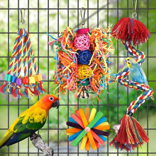Bird Toys Bird Rope Perch with Bell Colorful Bird Chewing Shredding Foraging Toys Parakeet Toy Parrot Swing Climbing Standing Hanging Toys Bird Cage Accessories for Conure Cockatiel Budgies Lovebird - Image 3