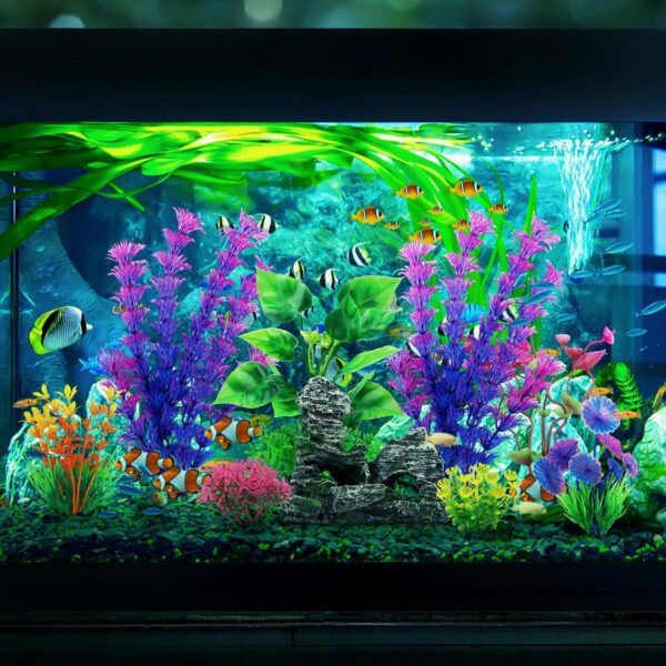 QUOZUO Fish Tank Accessories Artificial Plants, 9pcs Green Aquarium Decorations Plants and Cave Rock Decor Set, Aquarium Decor Plastic Plants - Image 7