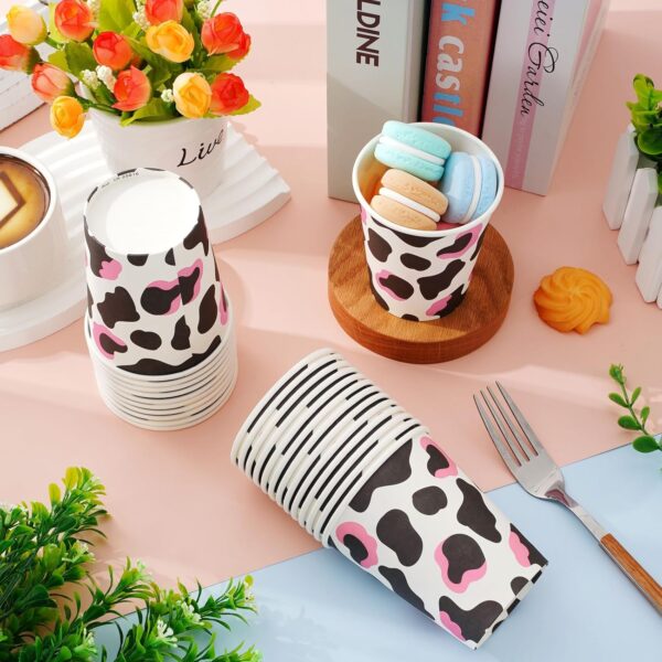 Whaline 50 Pcs Cow Print Disposable Paper Cups 9 oz Western Cowgirl Coffee Tea Cups Pink Black Cow Beverage Drinking Cups Disposable Small Snack Cups for Cow Theme Farm Animal Party Supplies - Image 3