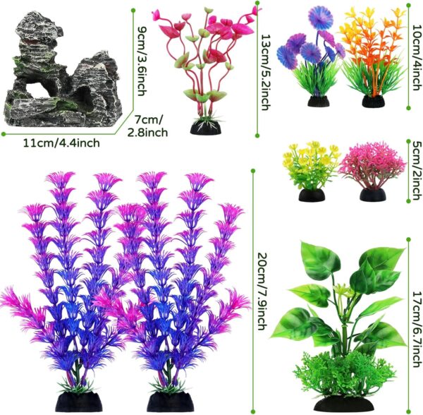 QUOZUO Fish Tank Accessories Artificial Plants, 9pcs Green Aquarium Decorations Plants and Cave Rock Decor Set, Aquarium Decor Plastic Plants - Image 2