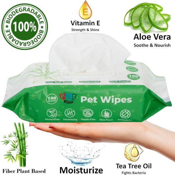 Pet Guru® Dogs & Cats 100% Plastic Free Biodegradable Multi-Purpose Cleaning Pet Wipes Fiber Plant Based Alcohal Free Pet Wipes (100 Wipes, Unscented) - Image 2