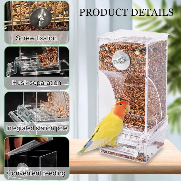 Automatic Bird Feeder, No Mess Bird Feeder, Transparent Acrylic Bird Cage Accessory, Double Compartment Hanging Seed Food Container for Budgerigar Cockatiel Finch Parakeets Canary Lovebirds - Image 3