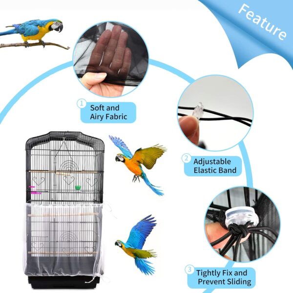 Mngren 2Pcs Bird Cage Cover, Adjustable Soft Airy Nylon Mesh Parrot Net, Universal Feather Seed Catcher, Birdcage Cover Skirt Sheer Guard for Round Square Bird Cages (White +Black) - Image 4