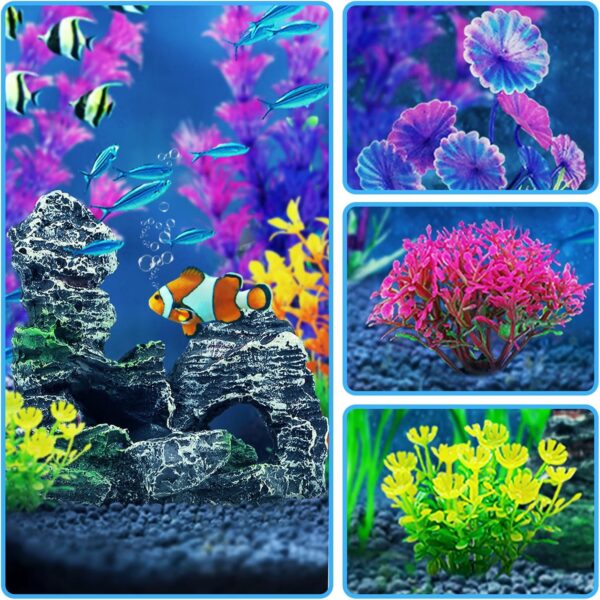 QUOZUO Fish Tank Accessories Artificial Plants, 9pcs Green Aquarium Decorations Plants and Cave Rock Decor Set, Aquarium Decor Plastic Plants - Image 6