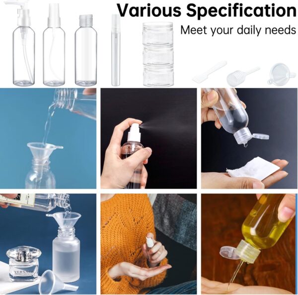 Roosea 11 Pcs Travel Bottles for Toiletries 100ml Travel Containers for Toiletries Clear Travel Bottles Set Refillable Empty Cosmetic Bottles for Travel Makeup with Labels and Storage Bag - Image 3