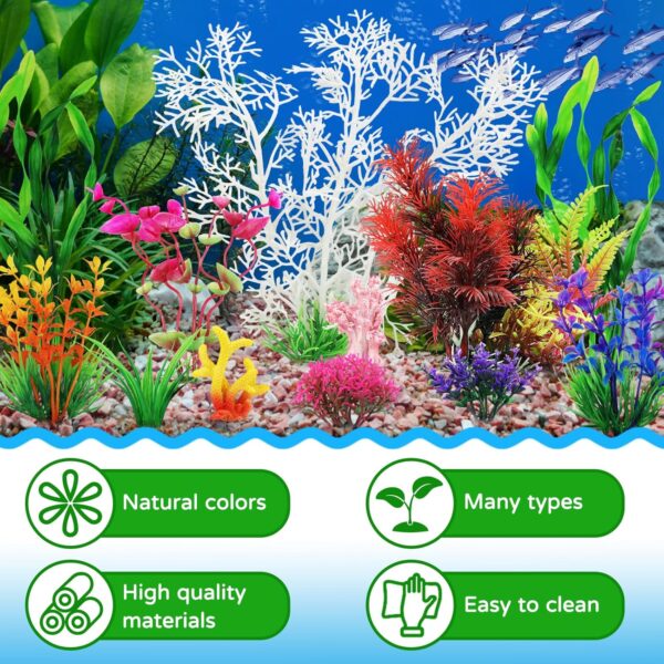 QUOZUO Aquarium Decorations Plants with Resin Coral, 12 pcs Fish Tank Accessories, Fish Tank Decorations Small Plants Plastic, Aquarium Decor Artificial Plant - Image 3