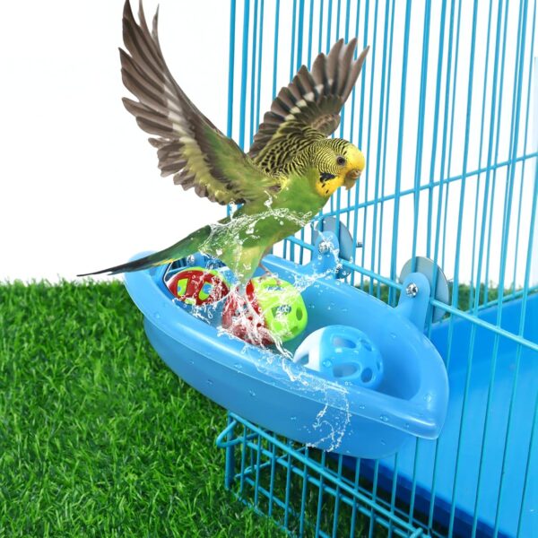 Bird Bath for Cage with Double Mirrors & 3 Balls Hanging Budgie Bath Tub Bird Food Feeder Shower Tray Parrots Bathing Tubs Budgie Toys Accessories for Budgie Parakeet Canary Bird Cage Accessories - Image 6