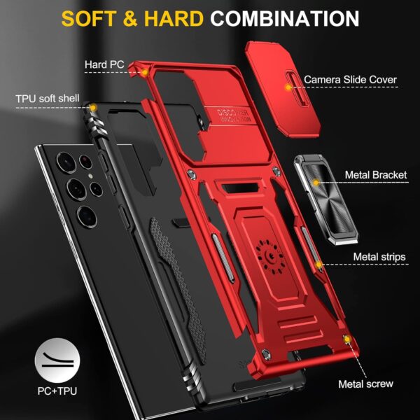 YmhxcY For Samsung Galaxy S22 Ultra Case,With 2*PET Screen Protector, With Slide Camera Cover，Military Grade Protective Case,360° Rotate Metal Stand For Samsung Galaxy S22 Ultra 6.8''-Red - Image 7