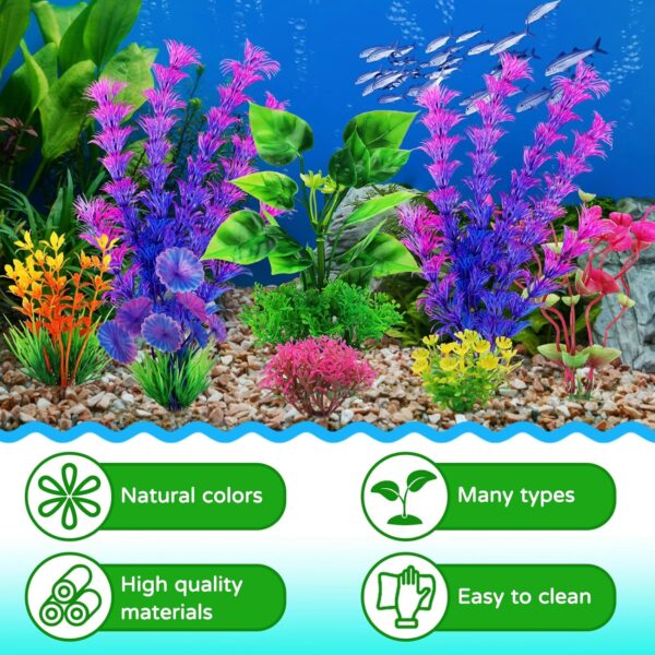 QUOZUO Fish Tank Accessories Artificial Plants, 9pcs Green Aquarium Decorations Plants and Cave Rock Decor Set, Aquarium Decor Plastic Plants - Image 3