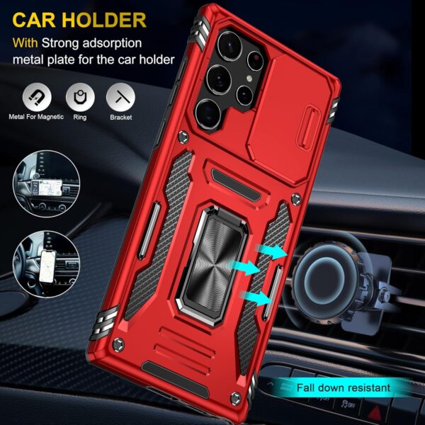 YmhxcY For Samsung Galaxy S22 Ultra Case,With 2*PET Screen Protector, With Slide Camera Cover，Military Grade Protective Case,360° Rotate Metal Stand For Samsung Galaxy S22 Ultra 6.8''-Red - Image 6