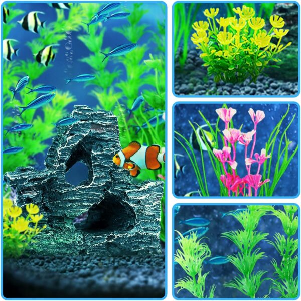 Fish Tank Accessories Artificial Plants, QUOZUO 9pcs Green Aquarium Decorations Plants and Cave Rock Decor Set, Aquarium Decor Plastic Plants - Image 3