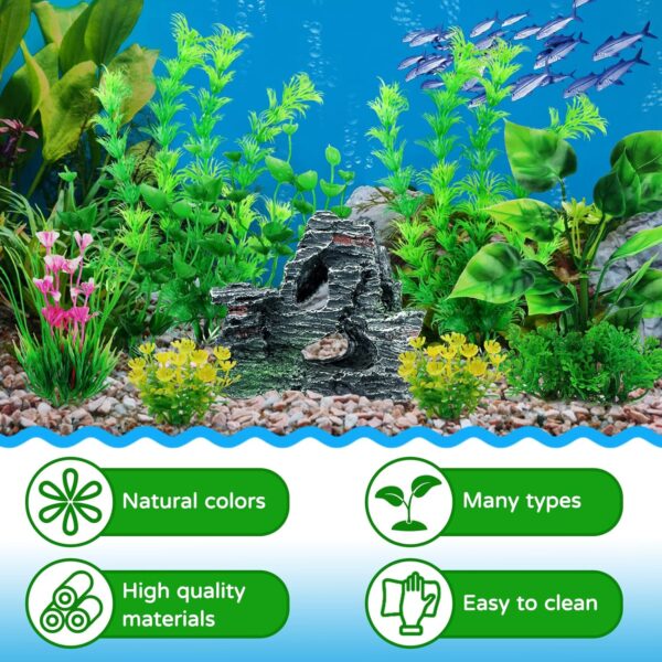 Fish Tank Accessories Artificial Plants, QUOZUO 9pcs Green Aquarium Decorations Plants and Cave Rock Decor Set, Aquarium Decor Plastic Plants - Image 2