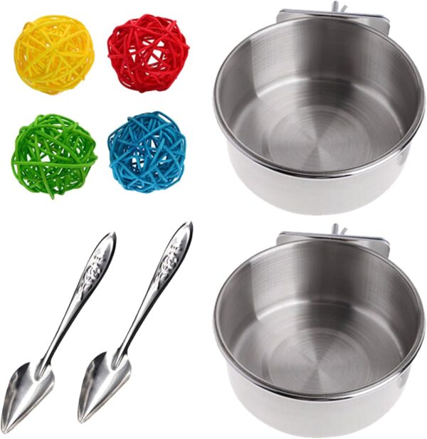 8Pcs Bird Feeding Dish Cups Set,Stainless Steel Parrot Food Water Bowls Bird Parrot Feeder Spoon Colourful Rattan Balls Bird Toy Bird Cage Accessory for Parrot Cockatiel Budgies