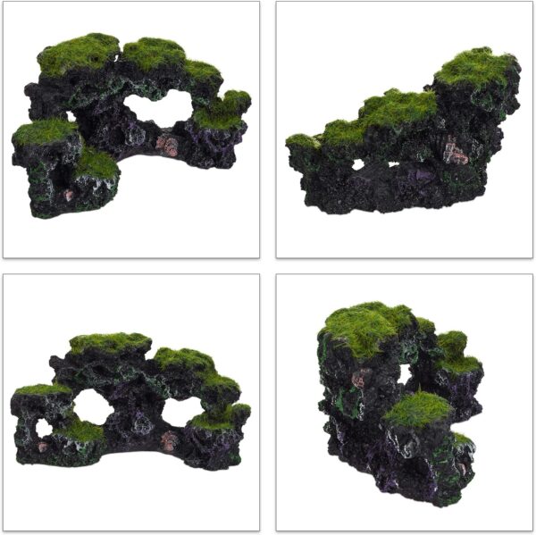 Relaxdays Aquarium Decoration, Mossy Rocks, Natural Look, Fish Tank Ornament, Shells, HxW 8.5 x 17 cm, Black/Green, Polyresin, Pack of 1 - Image 6