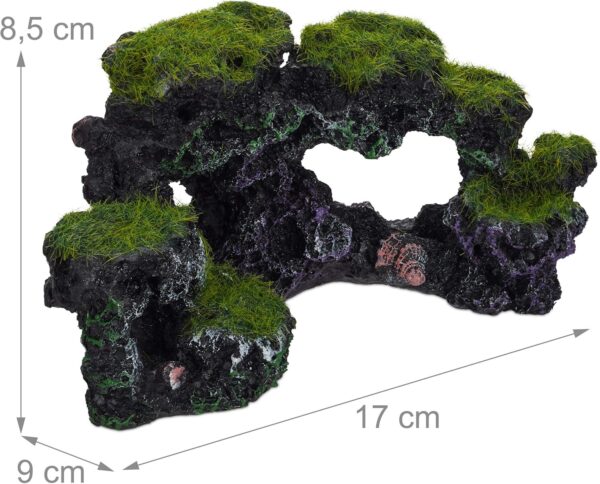 Relaxdays Aquarium Decoration, Mossy Rocks, Natural Look, Fish Tank Ornament, Shells, HxW 8.5 x 17 cm, Black/Green, Polyresin, Pack of 1 - Image 4