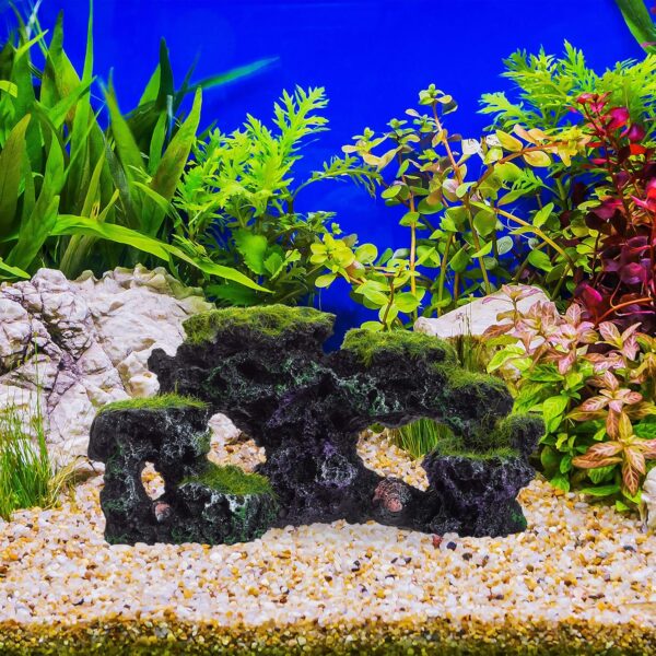 Relaxdays Aquarium Decoration, Mossy Rocks, Natural Look, Fish Tank Ornament, Shells, HxW 8.5 x 17 cm, Black/Green, Polyresin, Pack of 1 - Image 2