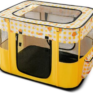 ALLSOPETS Foldable Pet Pen Dog Crate Portable Playpen for Dog Puppy Cats Top Removable Zipper Mesh Dog Cat Tent Kennel for Indoor Outdoor Travel Camping Use with Free Carrying Case (Yellow A,M)