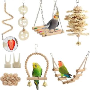 AQH 18 pcs Bird Toys Parakeet Toys Bird Cage Accessories Parrot Swing Chewing Standing Hanging Perch Hammock Climbing Ladder for Budgerigar,Parakeet,Conure,Cockatiel,Mynah,Love Birds,Finches