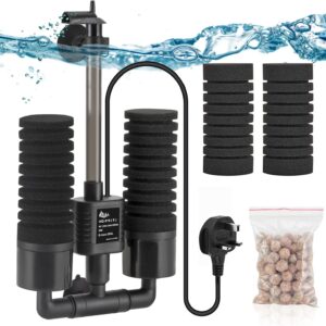 AQQA Aquarium Double Sponge Filter, 3W/5W Quiet Electric Power Fish Tank Filter, Submersible Foam Filter with 4 Sponges, 1 Bag of Bio Filtered Ceramic Balls (S)