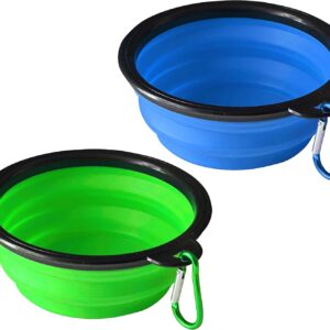 ARTISTRY Pack of 2 Collapsible Dog Bowl Portable Travel Dog Bowl for Small Pet Dog Cat Silicone Collapsable Dogs Drinking Bowl for Food Water Feeding with Metal Hook Foldable Dog Bowl(Blue/Green)