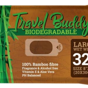 Ace Travel Buddy Large Body Wet Wipes Biodegradable - No Rinse Bath Or Shower Bamboo Wipe - Gym, Travel, Camping, Backpacking, Hiking, Pets, Festival Essentials/Accessories, 32 Wipes(8"X12"/20X30CM)