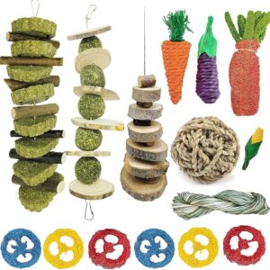 Allazone 15 PCS Rabbit Chew Toys, Bunny Chew Toys Small Animal Chew Toys, Grass Cake Loofah Carrot Toy, Natural Materials by Handmade for Rabbits, Chinchillas, Guinea Pigs, Hamsters