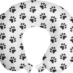 Ambesonne Paw Print Travel Pillow Neck Rest, Puppy Kitten Dog and Cat Themed Repetitive Pet Foot's Stains Concept, Memory Foam Traveling Accessory for Airplane and Car, 12", Grey White