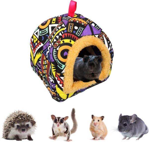 Andiker Guinea Pig Cave Bed, Small Animal Bed with Graffiti Printed Canvas and Plush Fluffy inside, Cozy Small Pet Hideout for Guinea Pig, Hamster, Hedgehog, Syrian Hamsters, Chinchilla (Geometric)