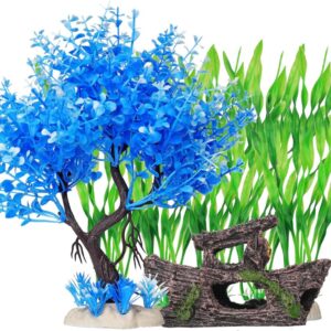 Aquarium Fish Tank Decorations, 16 Pcs Blue Tree & Green Seaweed & Shipwreck Decor Ship Ornament, Artificial Plastic Plants Set for Betta Fish, Goldfish, Turtle