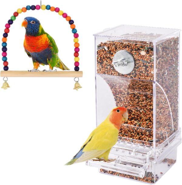 Automatic Bird Feeder, No Mess Bird Feeder, Transparent Acrylic Bird Cage Accessory, Double Compartment Hanging Seed Food Container for Budgerigar Cockatiel Finch Parakeets Canary Lovebirds