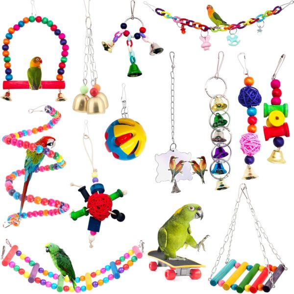 BIPY 14 PCS Bird Parrot Toys Cage Hanging Bell Ball Hammock Swing Ladder Toy Pet Bird Mirror Scooter Chewing Perches Wooden Toys for Parrots Parakeets Birds Finches Random Color