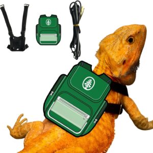 Bearded Dragon Harness Leash - Upgraded Soft Leather Harness with Backpack Patch Adjustable Strap Outside Walk Training Leash for Reptile Lizard Amphibians Small Animals Pet Supplies (Green)