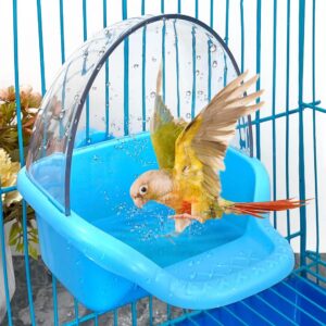 Bird Bath Box Hanging Birdbath Toy Parakeet Caged Bathing Tubs Parrot Bath Tub Water Shower Food Feeder Holder Tray Bird Baths for Birdcages Accessory Small Birds Parrots Cockatiel Budgies (Blue)