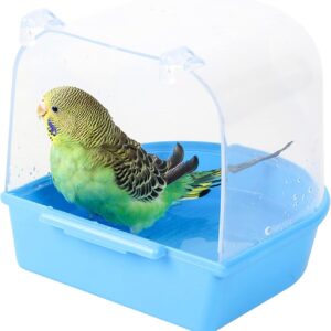 Bird Bath Tub,Hanging Bathtub Bird Cage Supplies with Hooks,Water Shower Transparent Box Food Feeder Holder Tray for Small Birds, Canary, Budgies,Parrot 13X14X13cm (Blue)