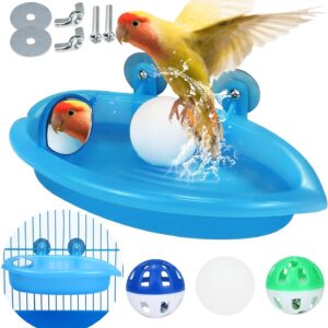 Bird Bath for Cage with Double Mirrors & 3 Balls Hanging Budgie Bath Tub Bird Food Feeder Shower Tray Parrots Bathing Tubs Budgie Toys Accessories for Budgie Parakeet Canary Bird Cage Accessories