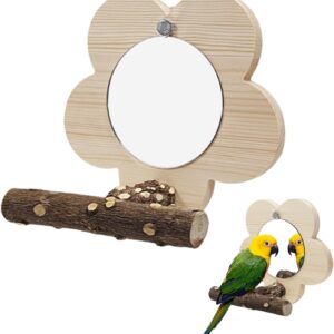 Bird Mirror,Bird Perch with Mirror Wooden Parrot Mirror Toy Birdcage Stand Perch Interactive Play Toys Puzzle Toy for Cage Parrot Parakeet Lovebird Cockatiels Finch Canaries