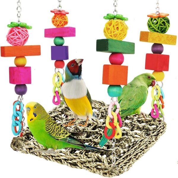 Bird Toys Parakeet Toys Conure Toys Bird Foraging Wall Toy,Seagrass Woven Hammock Swing Mat for Climb Perch Swing with Colorful Wooden Chewing Toys for Lovebirds,Parakeets,Conure,Cockatiel (Middle)